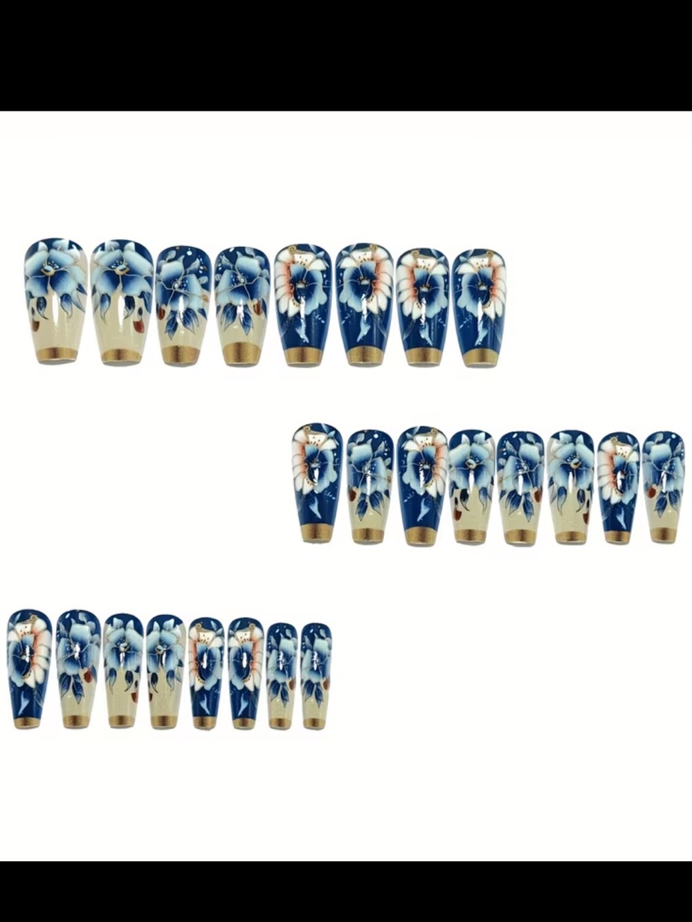 Navy Blue Floral Gold-Trim Press-On Nails - Picture 5 of 6